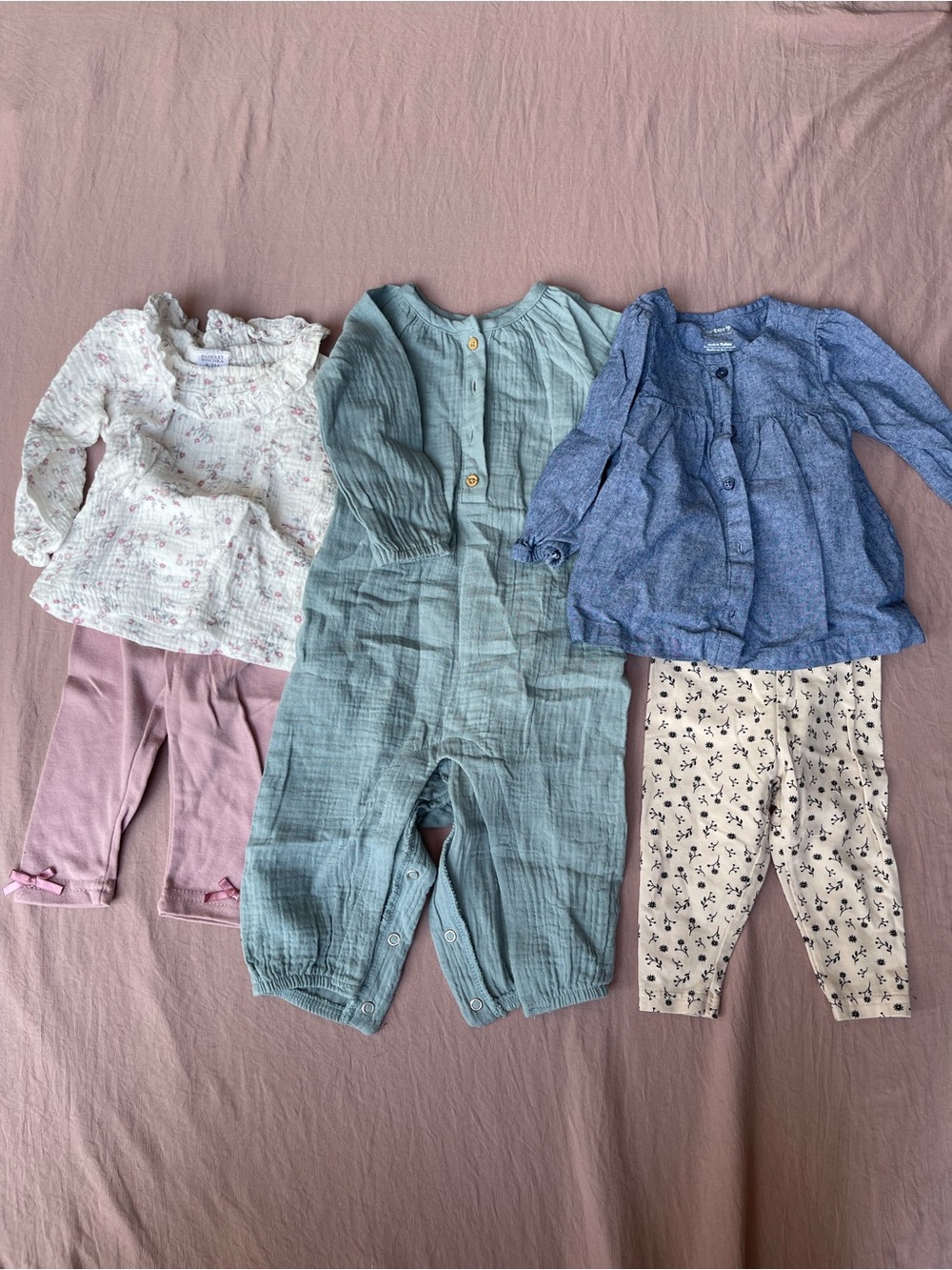 Baby Girls Mixed Outfit Bundle - Blue, Mauve, Cream 9 months